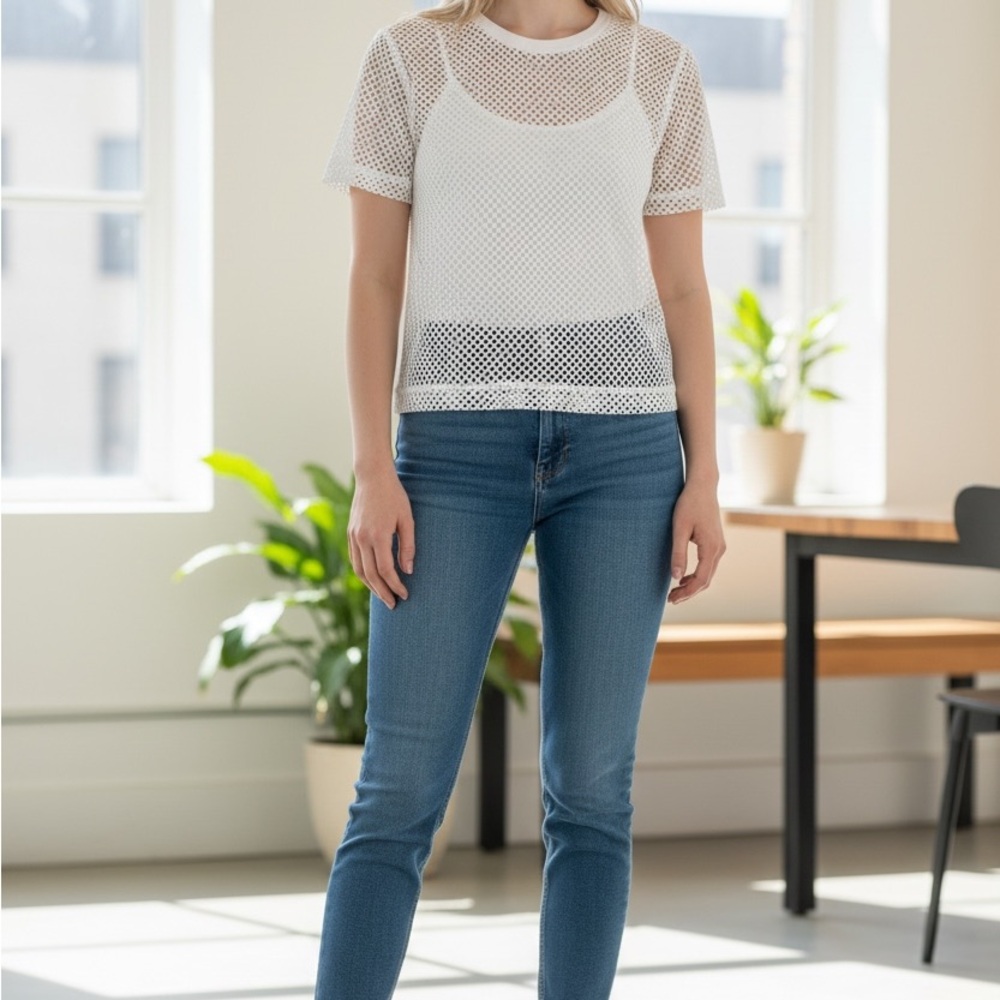 Banana Republic White Short-Sleeve Mesh Layered Tee